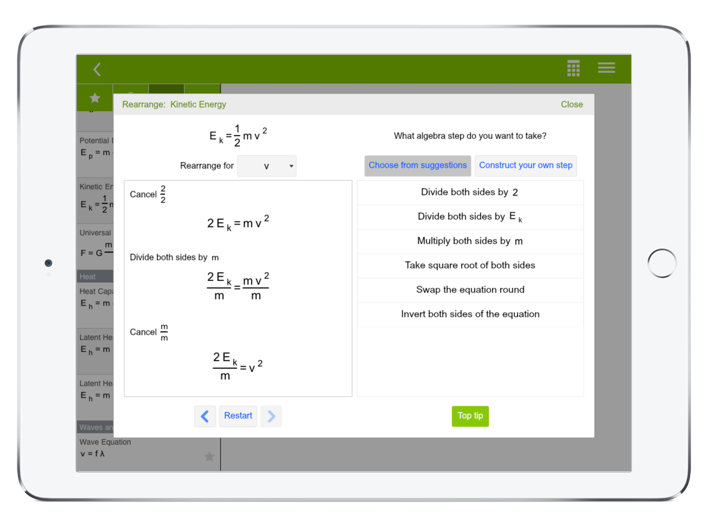 EquationLab's algebra tutor or algebra calculator helps you learn algebra and to rearrange equations in maths and physics. Algebra is a vital skill to learn to succeed and get great results in high school physics and maths.